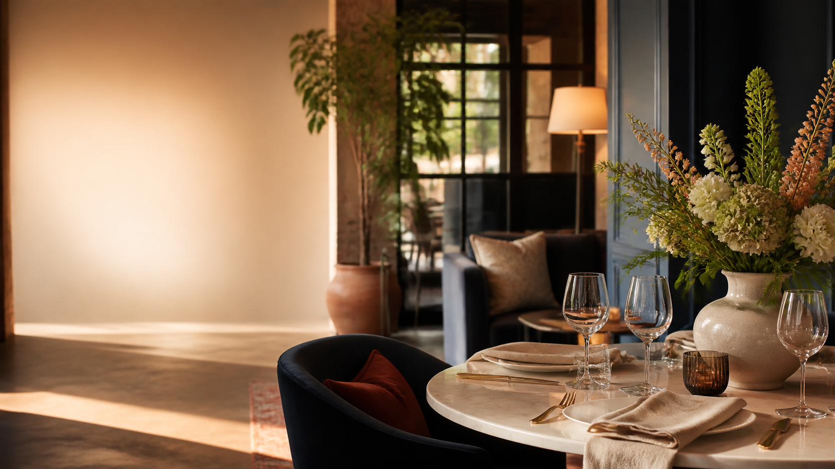 A warm, modern hospitality lounge with a thoughtfully set table
